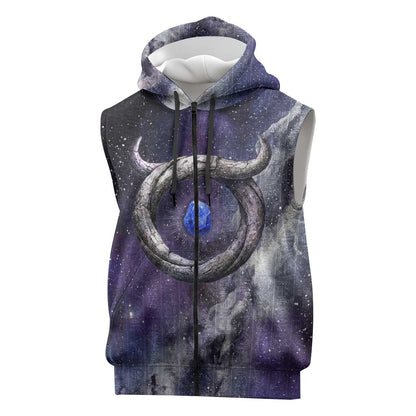 Bat Egyptian Sleeveless Zip Hoodie Cow Goddess Celestial Face Horn Ring Gem Cosmic Starry Sky