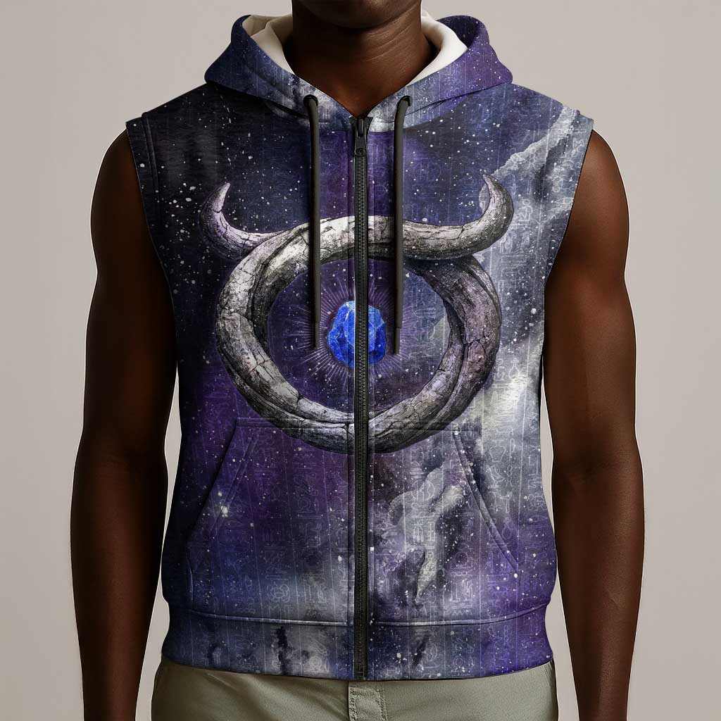 Bat Egyptian Sleeveless Zip Hoodie Cow Goddess Celestial Face Horn Ring Gem Cosmic Starry Sky