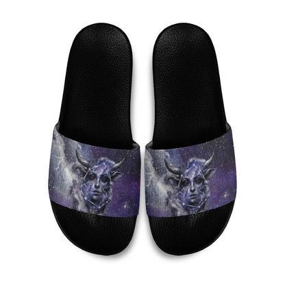 Bat Egyptian Slide Sandals Cow Goddess Celestial Face Horn Ring Gem Cosmic Starry Sky