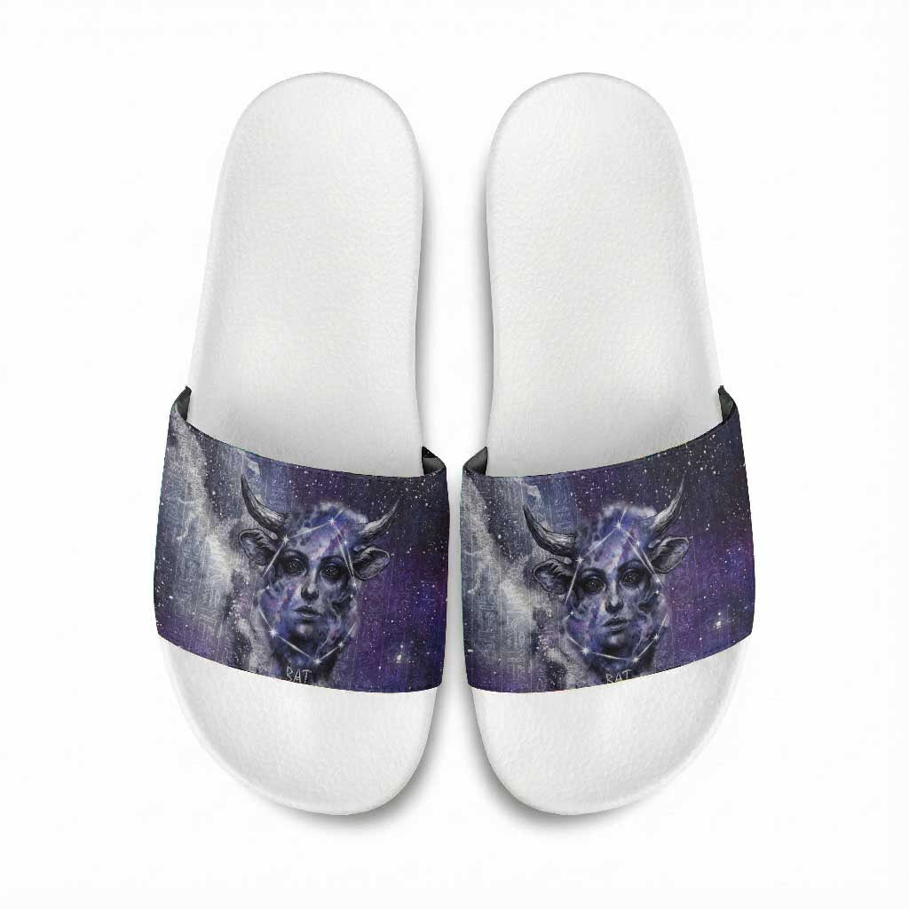 Bat Egyptian Slide Sandals Cow Goddess Celestial Face Horn Ring Gem Cosmic Starry Sky