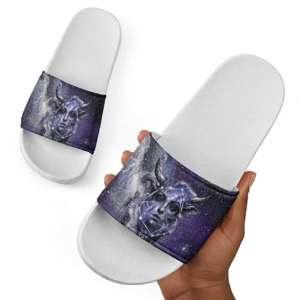 Bat Egyptian Slide Sandals Cow Goddess Celestial Face Horn Ring Gem Cosmic Starry Sky