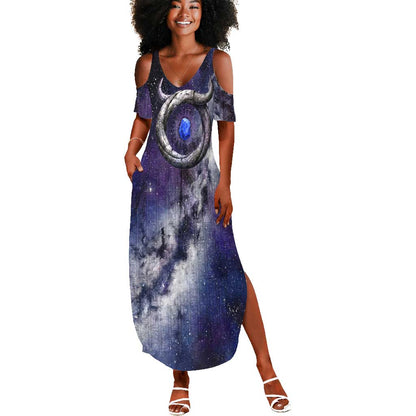 Bat Egyptian Summer Maxi Dress Cow Goddess Celestial Face Horn Ring Gem Cosmic Starry Sky