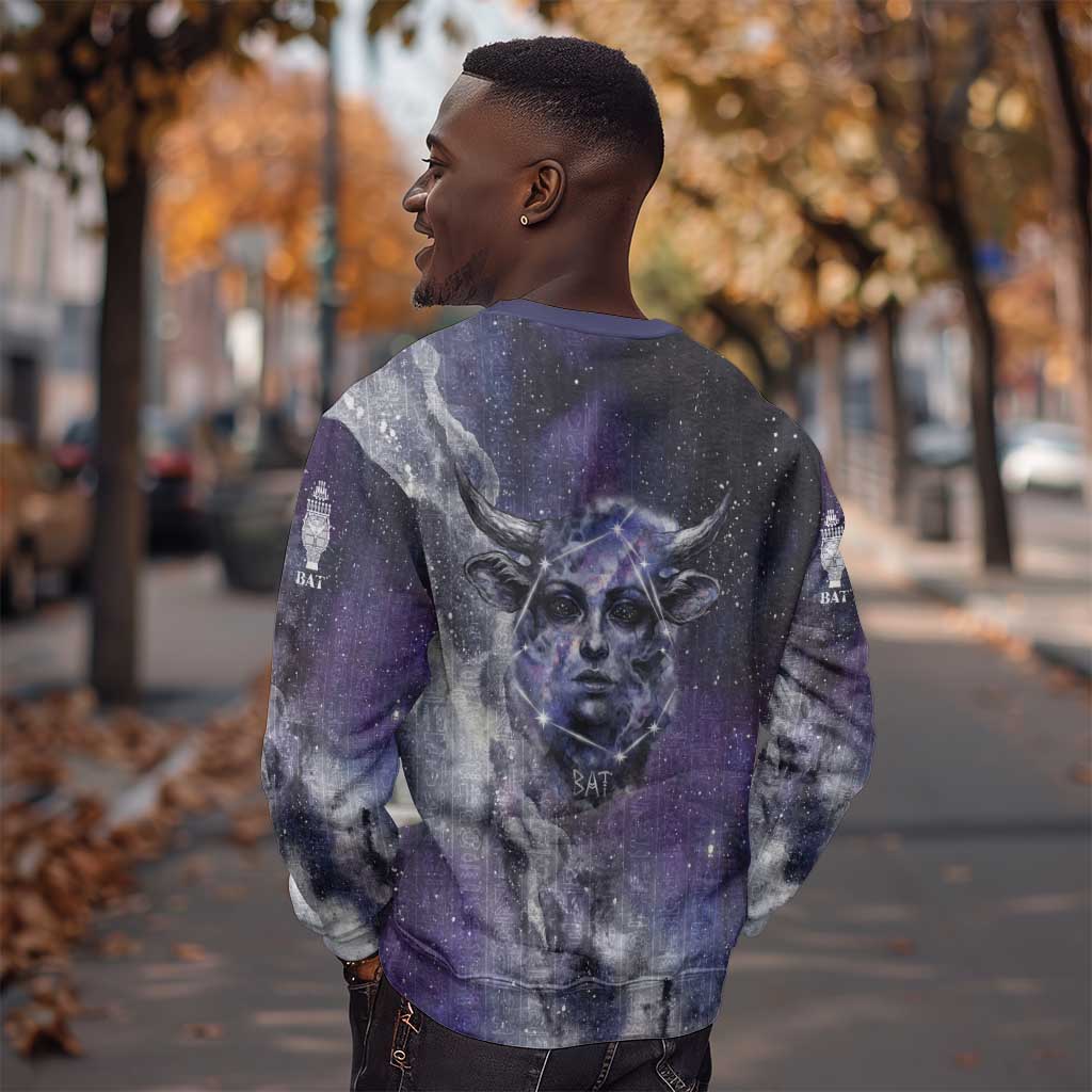 Bat Egyptian Sweatshirt Cow Goddess Celestial Face Horn Ring Gem Cosmic Starry Sky