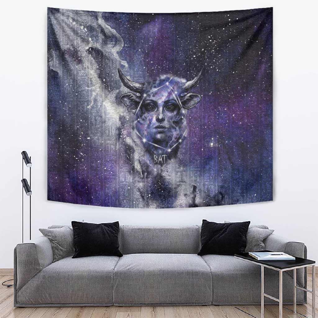 Bat Egyptian Tapestry Cow Goddess Celestial Face Horn Ring Gem Cosmic Starry Sky