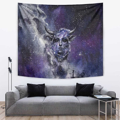 Bat Egyptian Tapestry Cow Goddess Celestial Face Horn Ring Gem Cosmic Starry Sky