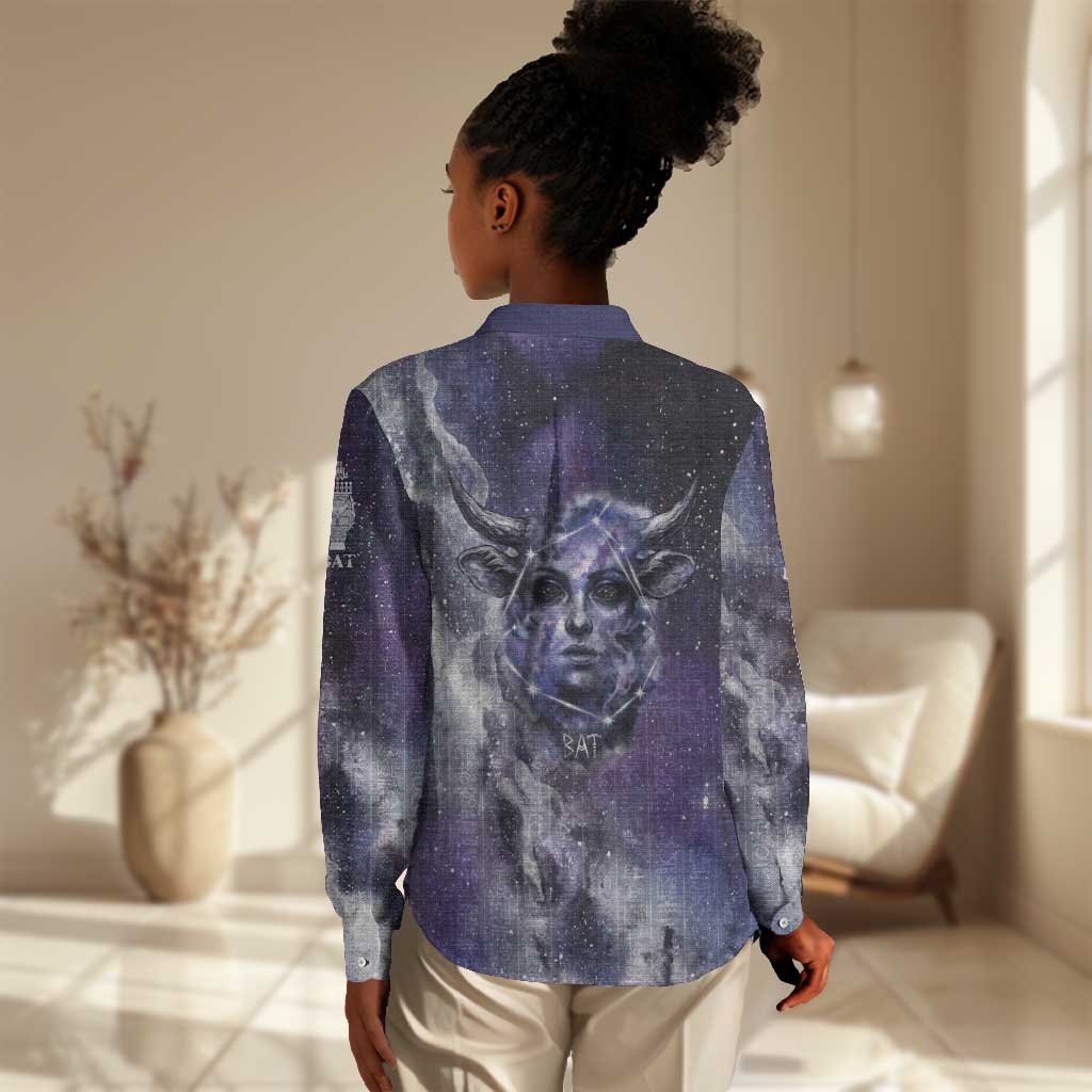 Bat Egyptian Women Casual Shirt Cow Goddess Celestial Face Horn Ring Gem Cosmic Starry Sky