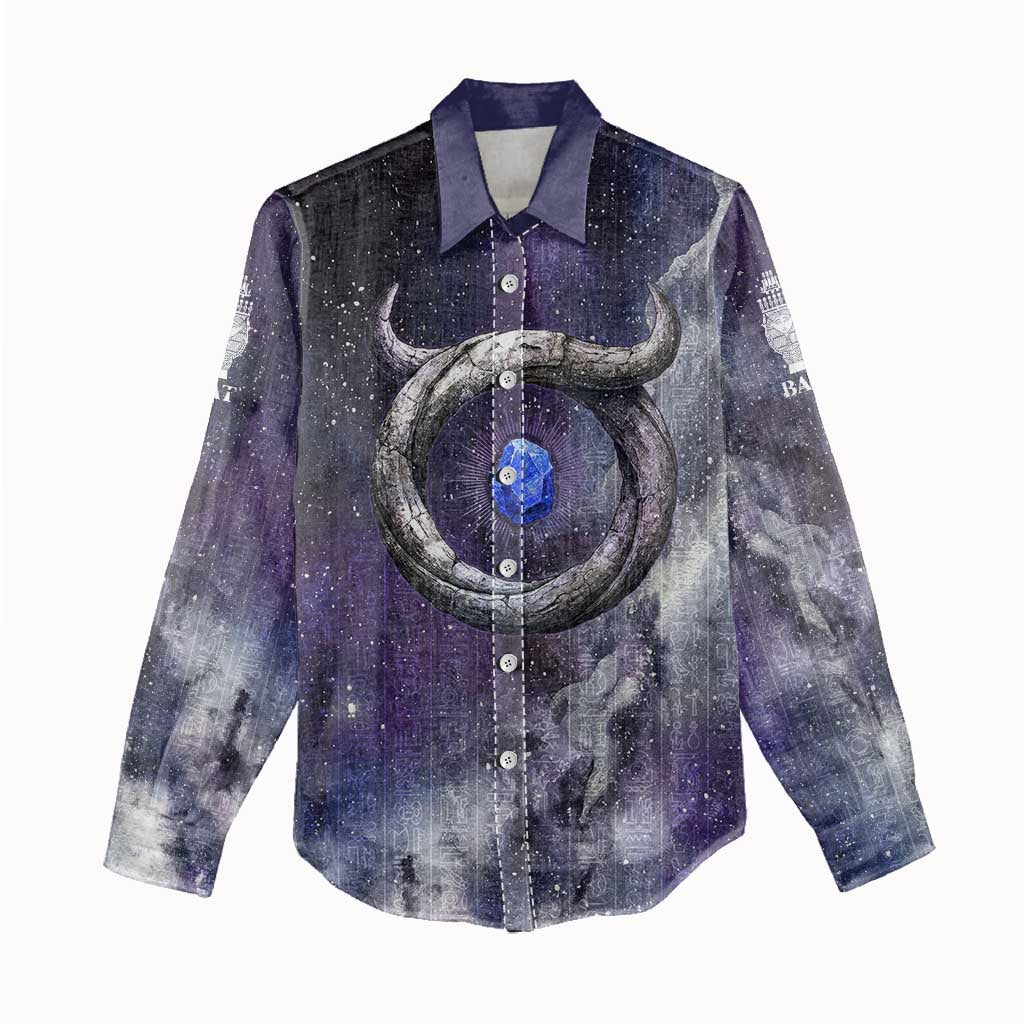 Bat Egyptian Women Casual Shirt Cow Goddess Celestial Face Horn Ring Gem Cosmic Starry Sky