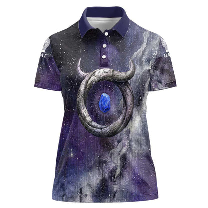 Bat Egyptian Women Polo Shirt Cow Goddess Celestial Face Horn Ring Gem Cosmic Starry Sky