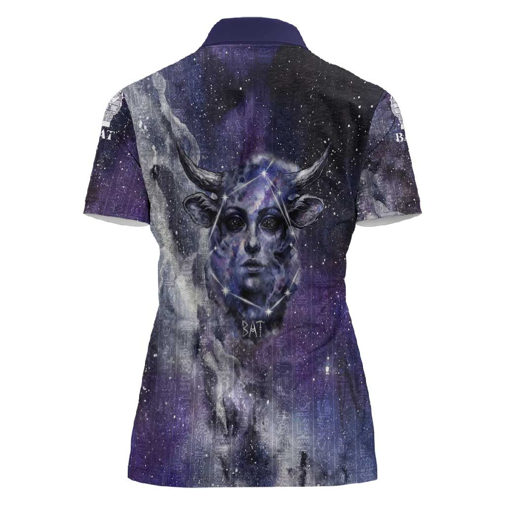 Bat Egyptian Women Polo Shirt Cow Goddess Celestial Face Horn Ring Gem Cosmic Starry Sky