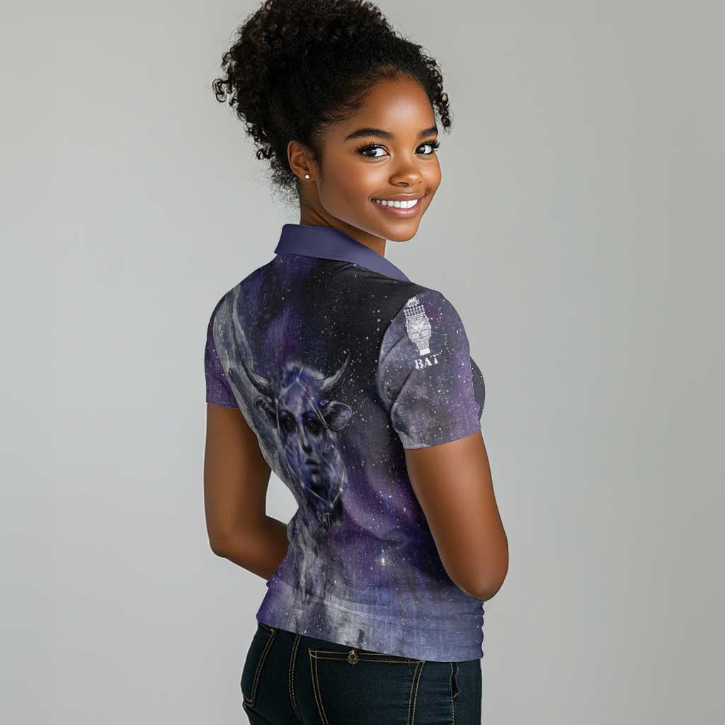 Bat Egyptian Women Polo Shirt Cow Goddess Celestial Face Horn Ring Gem Cosmic Starry Sky