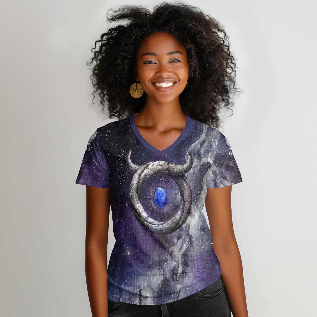 Bat Egyptian Women V-Neck T-Shirt Cow Goddess Celestial Face Horn Ring Gem Cosmic Starry Sky
