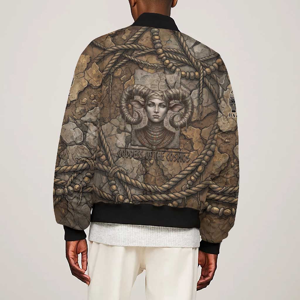 Bat Bomber Jacket Goddess of the Cosmos Ancient Egyptian Cow Horns Stone
