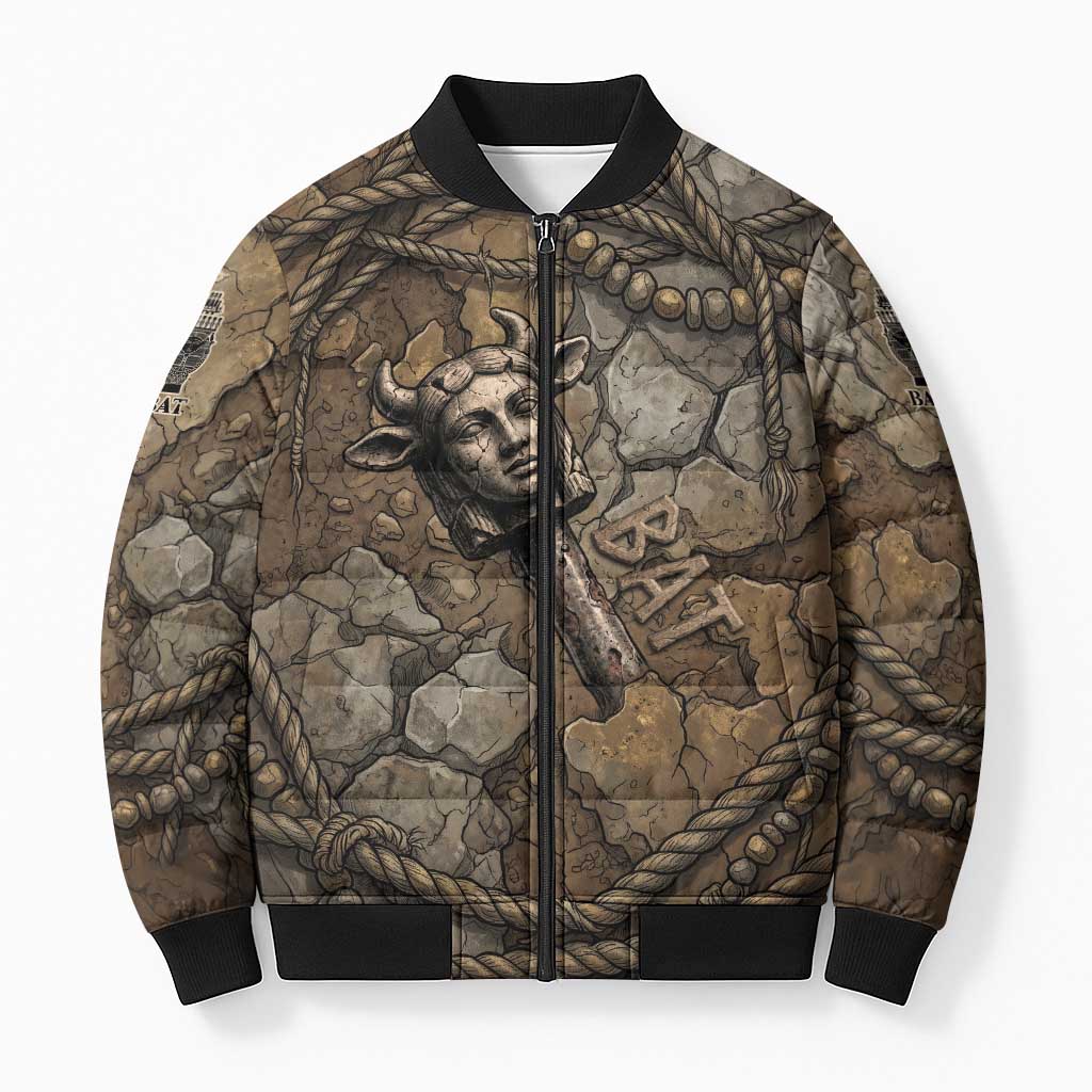 Bat Bomber Puffer Jacket Goddess of the Cosmos Ancient Egyptian Cow Horns Stone