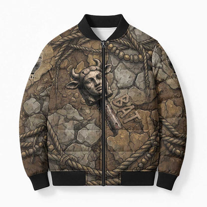 Bat Bomber Puffer Jacket Goddess of the Cosmos Ancient Egyptian Cow Horns Stone