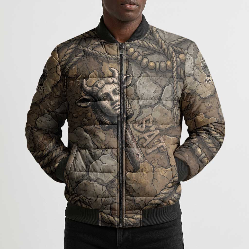 Bat Bomber Puffer Jacket Goddess of the Cosmos Ancient Egyptian Cow Horns Stone