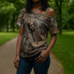 Bat Cross Shoulder Shirt Goddess of the Cosmos Ancient Egyptian Cow Horns Stone