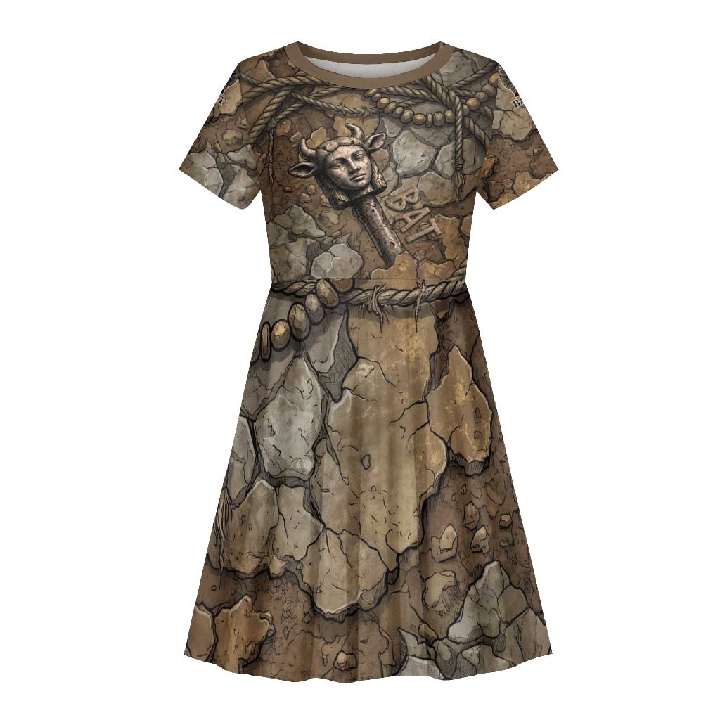 Bat Kid Short Sleeve Dress Goddess of the Cosmos Ancient Egyptian Cow Horns Stone