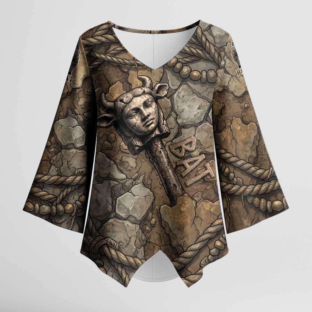 Bat Kimono Sleeve Blouse Goddess of the Cosmos Ancient Egyptian Cow Horns Stone