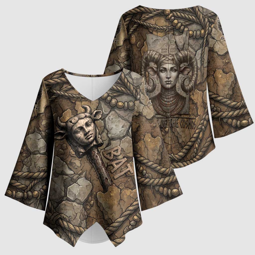 Bat Kimono Sleeve Blouse Goddess of the Cosmos Ancient Egyptian Cow Horns Stone
