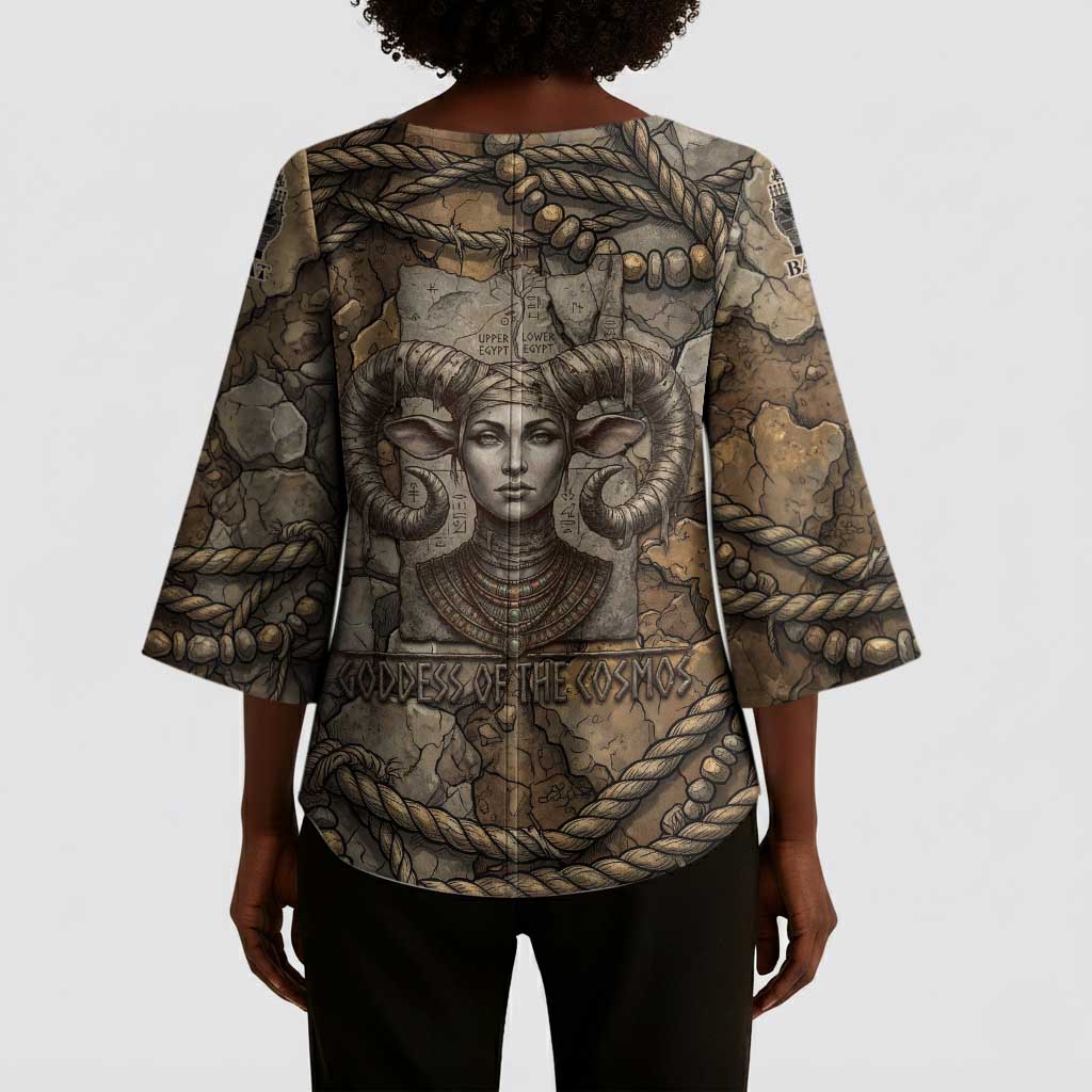 Bat Kimono Sleeve Blouse Goddess of the Cosmos Ancient Egyptian Cow Horns Stone