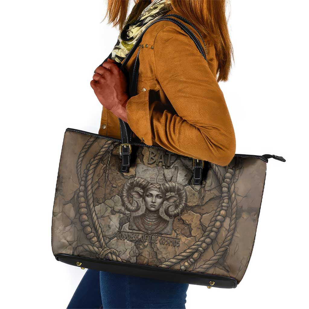 Bat Leather Tote Bag Goddess of the Cosmos Ancient Egyptian Cow Horns Stone