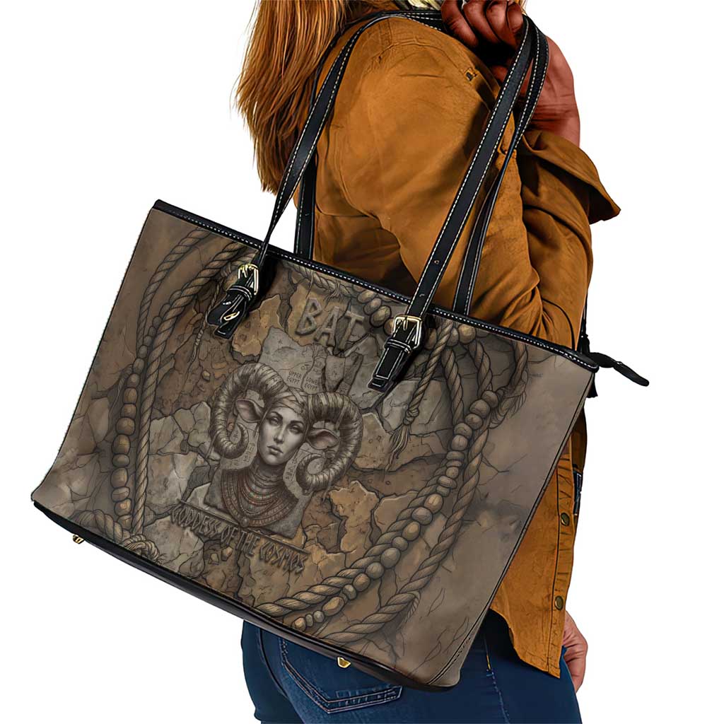 Bat Leather Tote Bag Goddess of the Cosmos Ancient Egyptian Cow Horns Stone