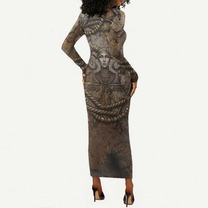 Bat Long Sleeve Bodycon Dress Goddess of the Cosmos Ancient Egyptian Cow Horns Stone