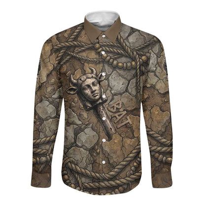 Bat Long Sleeve Button Shirt Goddess of the Cosmos Ancient Egyptian Cow Horns Stone