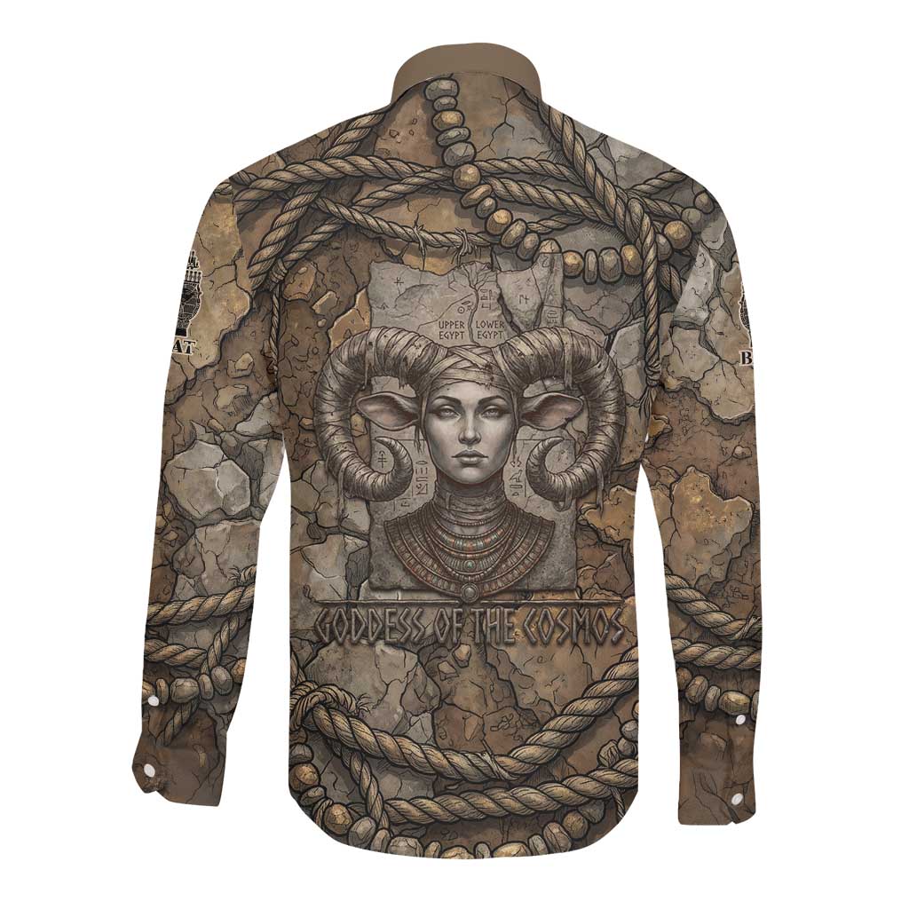 Bat Long Sleeve Button Shirt Goddess of the Cosmos Ancient Egyptian Cow Horns Stone
