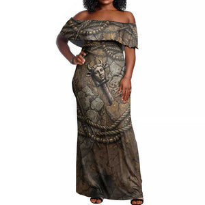 Bat Off Shoulder Maxi Dress Goddess of the Cosmos Ancient Egyptian Cow Horns Stone