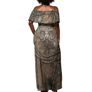 Bat Off Shoulder Maxi Dress Goddess of the Cosmos Ancient Egyptian Cow Horns Stone