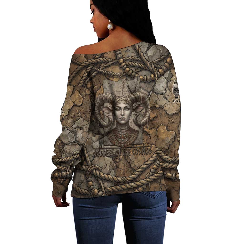 Bat Off Shoulder Sweater Goddess of the Cosmos Ancient Egyptian Cow Horns Stone