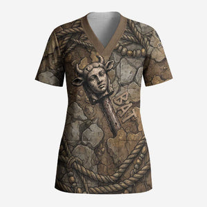 Bat Scrub Top Goddess of the Cosmos Ancient Egyptian Cow Horns Stone