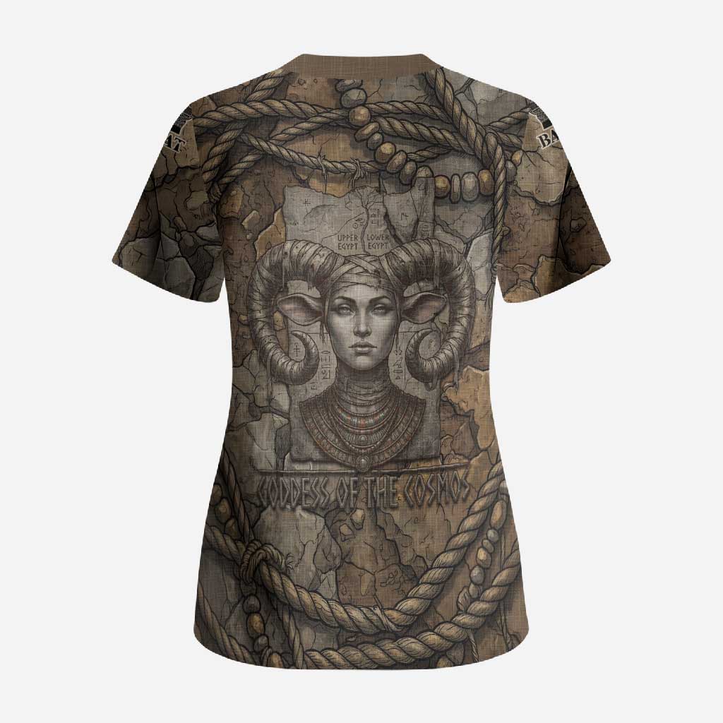 Bat Scrub Top Goddess of the Cosmos Ancient Egyptian Cow Horns Stone