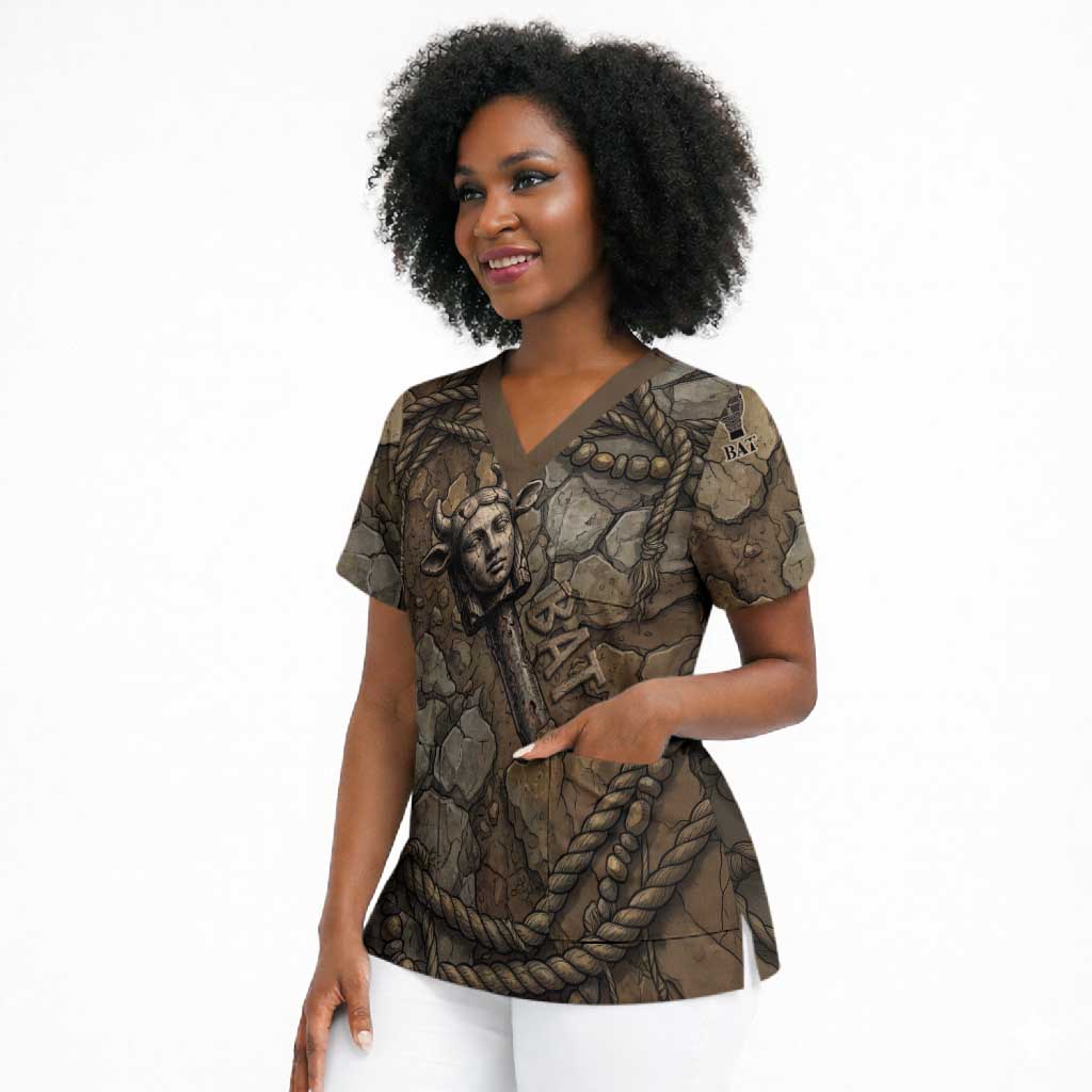 Bat Scrub Top Goddess of the Cosmos Ancient Egyptian Cow Horns Stone