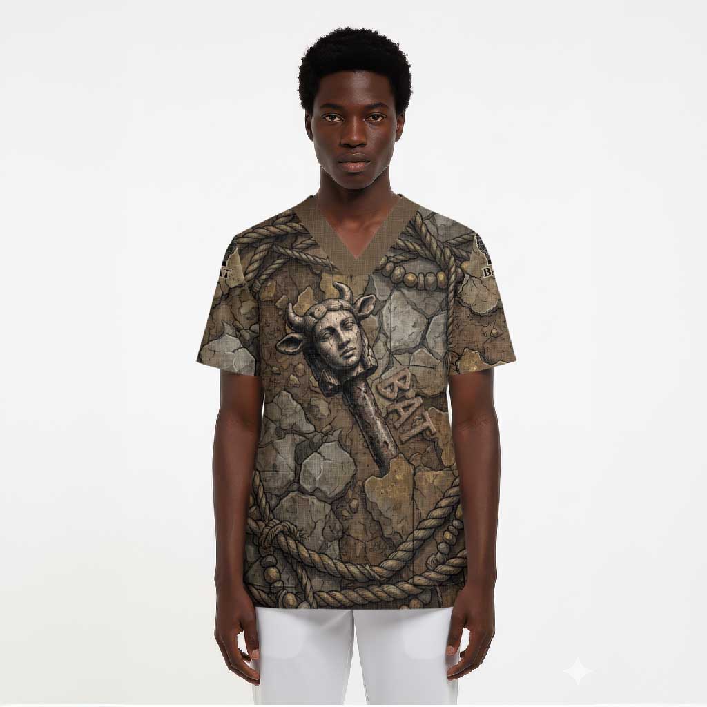 Bat Scrub Top Goddess of the Cosmos Ancient Egyptian Cow Horns Stone