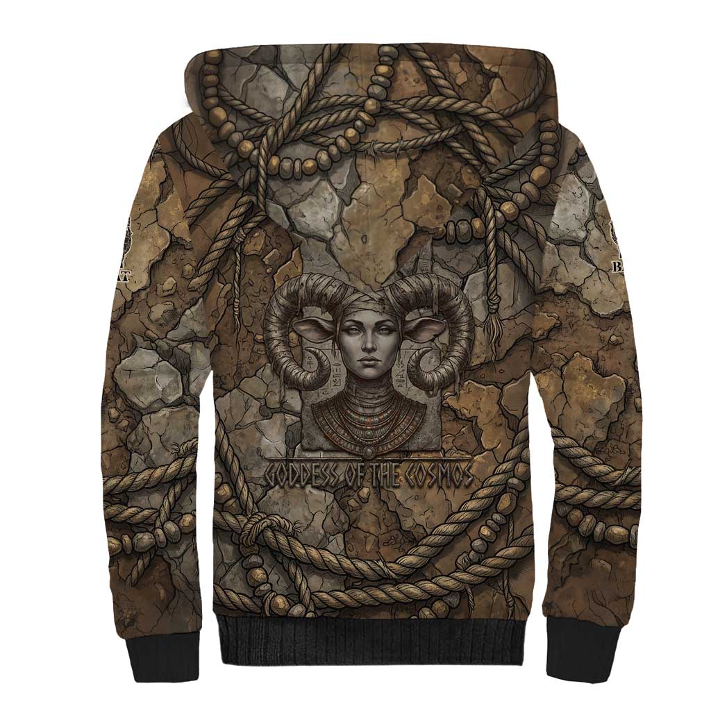 Bat Sherpa Hoodie Goddess of the Cosmos Ancient Egyptian Cow Horns Stone