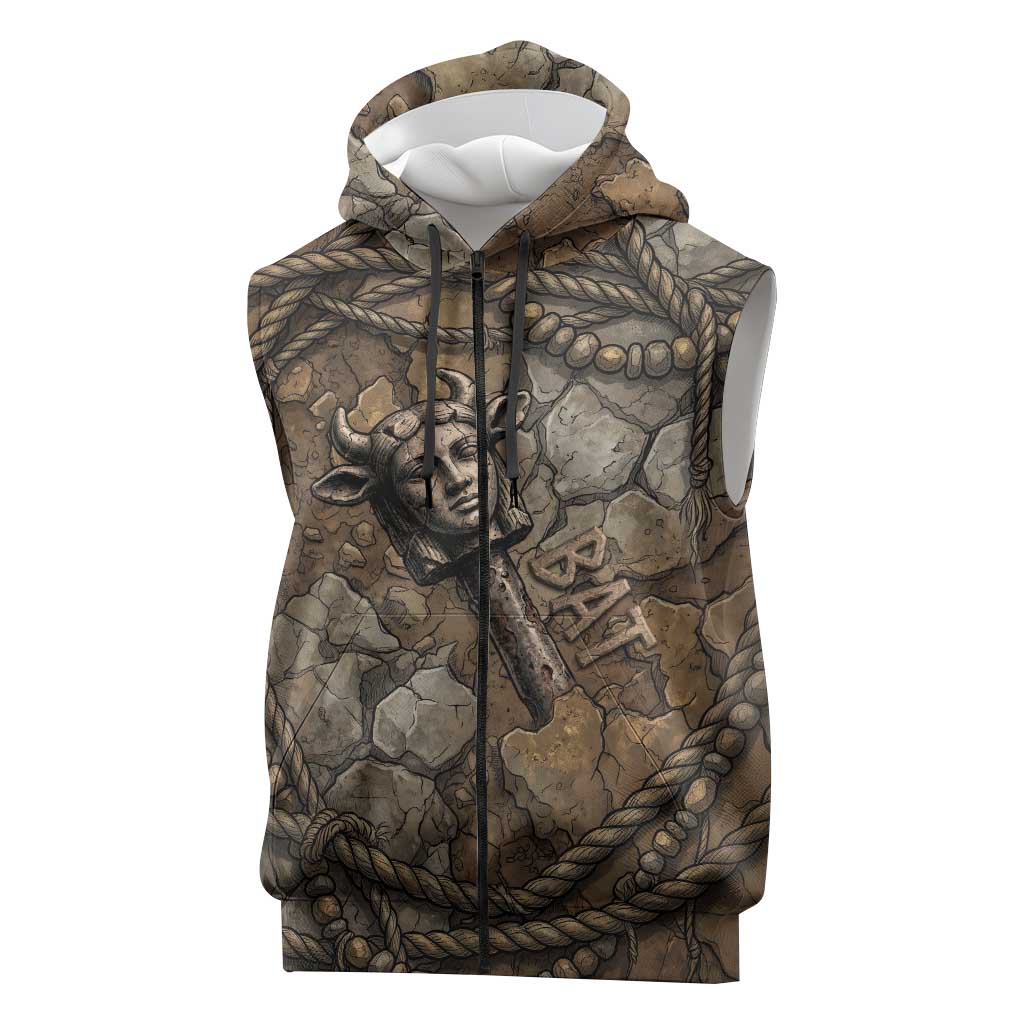 Bat Sleeveless Zip Hoodie Goddess of the Cosmos Ancient Egyptian Cow Horns Stone