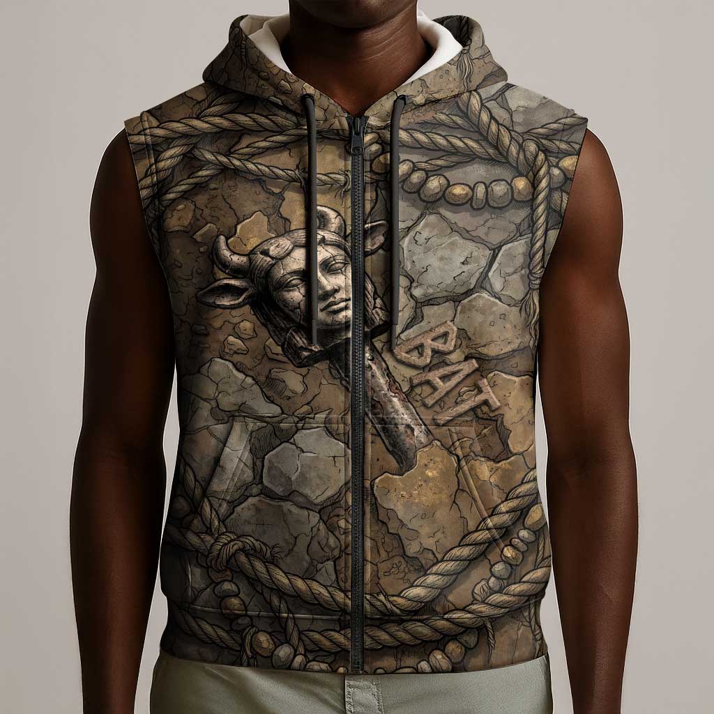 Bat Sleeveless Zip Hoodie Goddess of the Cosmos Ancient Egyptian Cow Horns Stone