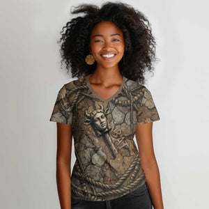 Bat Women V-Neck T-Shirt Goddess of the Cosmos Ancient Egyptian Cow Horns Stone