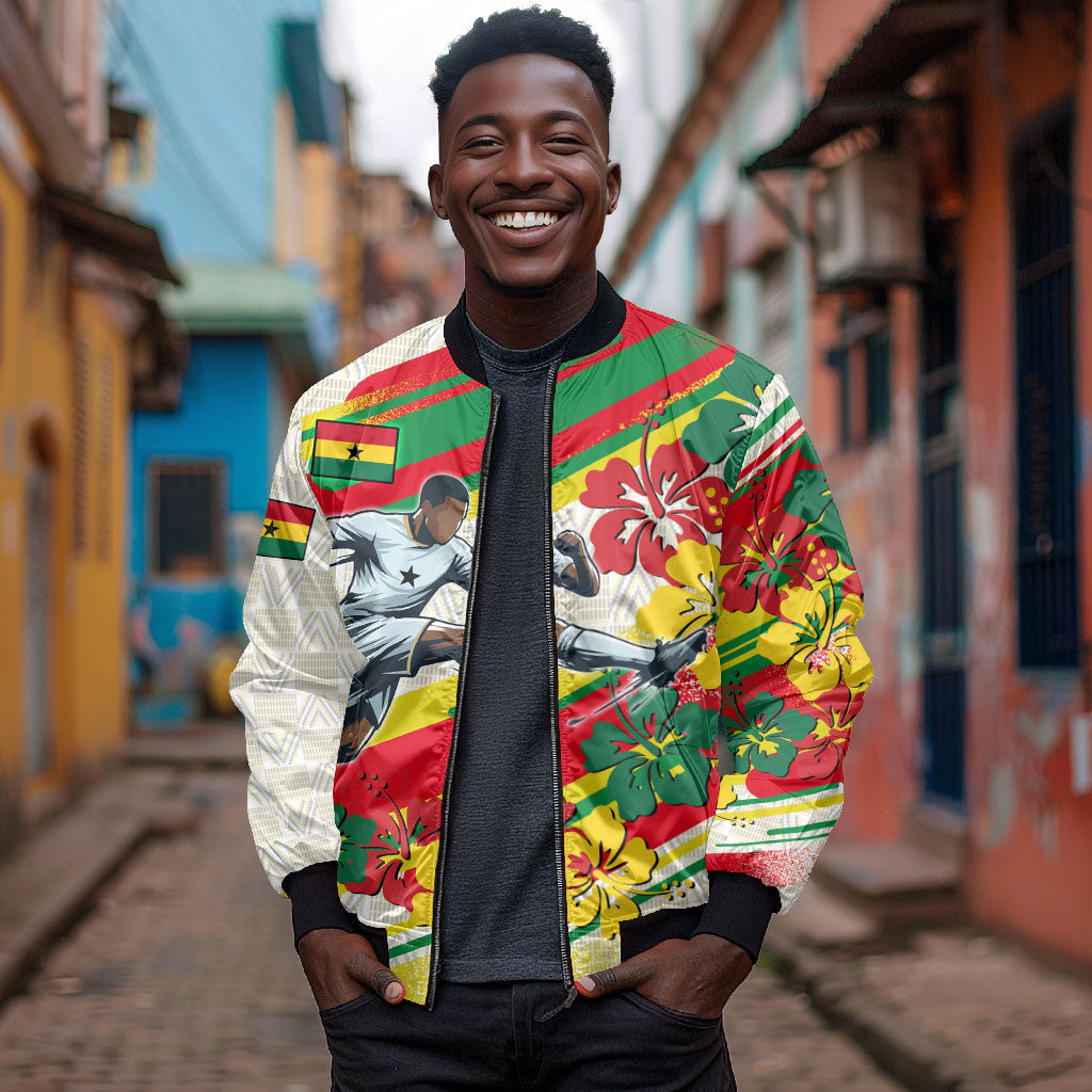 Personalized Ghana Football Bomber Jacket Soccer Player Kick - Floral Hibiscus