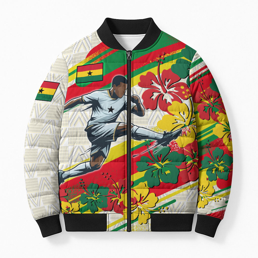 Personalized Ghana Football Bomber Puffer Jacket Soccer Player Kick - Floral Hibiscus