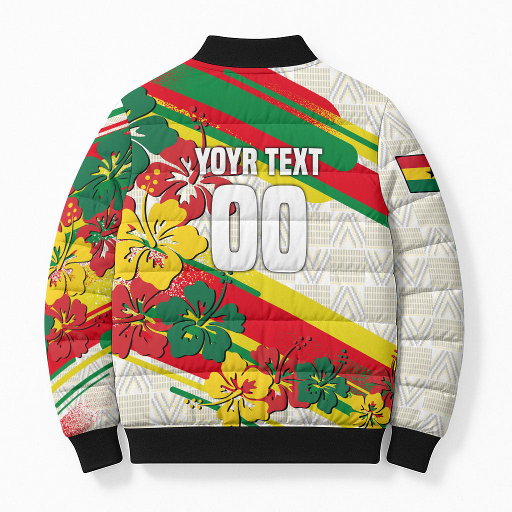 Personalized Ghana Football Bomber Puffer Jacket Soccer Player Kick - Floral Hibiscus