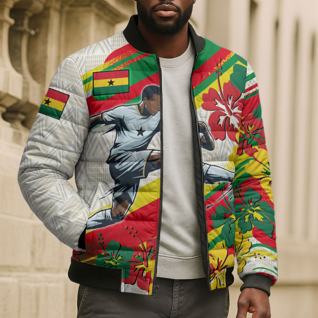 Personalized Ghana Football Bomber Puffer Jacket Soccer Player Kick - Floral Hibiscus