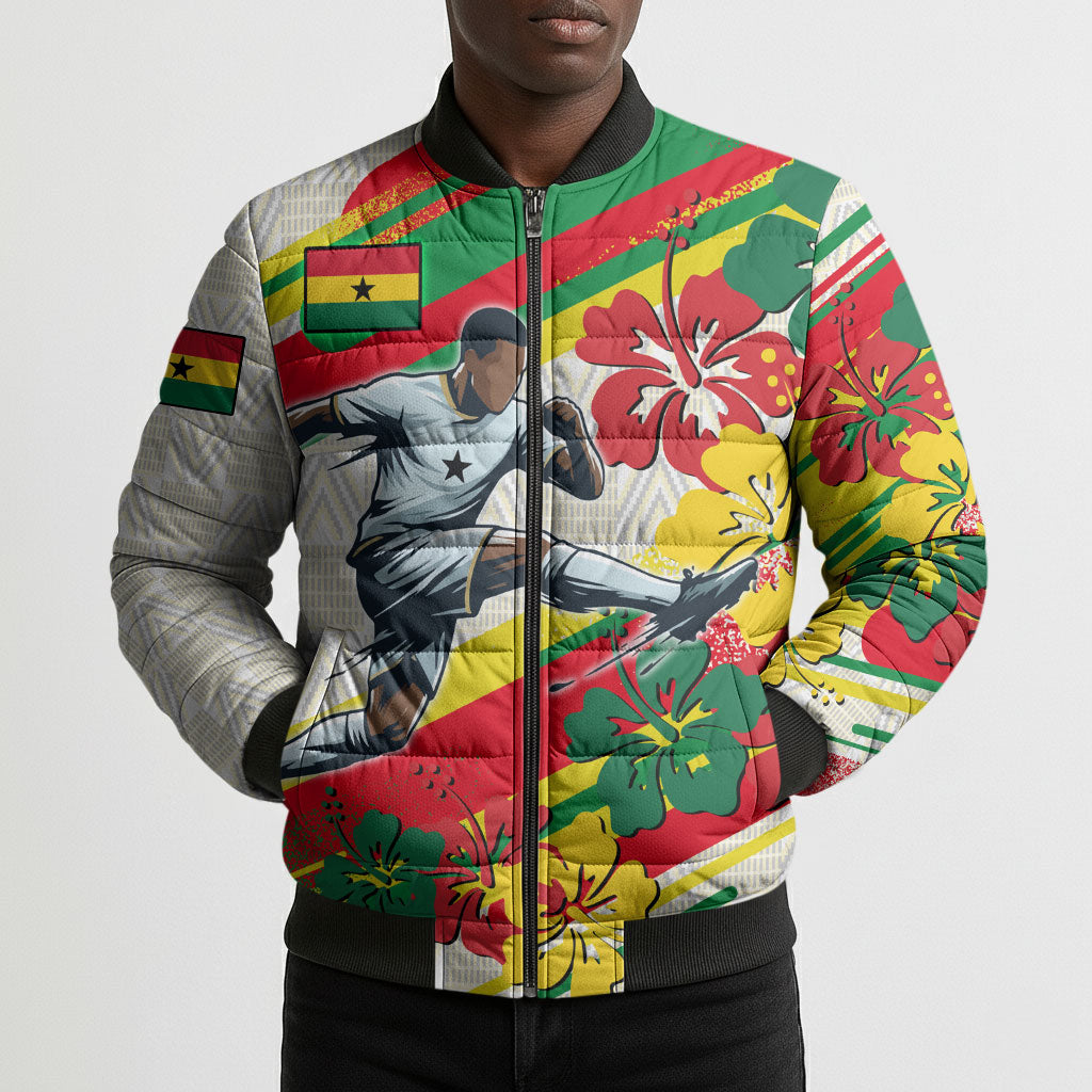Personalized Ghana Football Bomber Puffer Jacket Soccer Player Kick - Floral Hibiscus