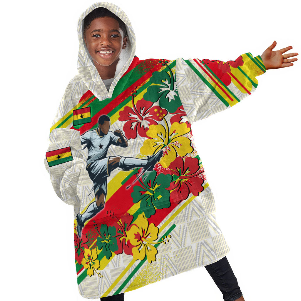 Personalized Ghana Football Kid Wearable Blanket Hoodie Soccer Player Kick - Floral Hibiscus