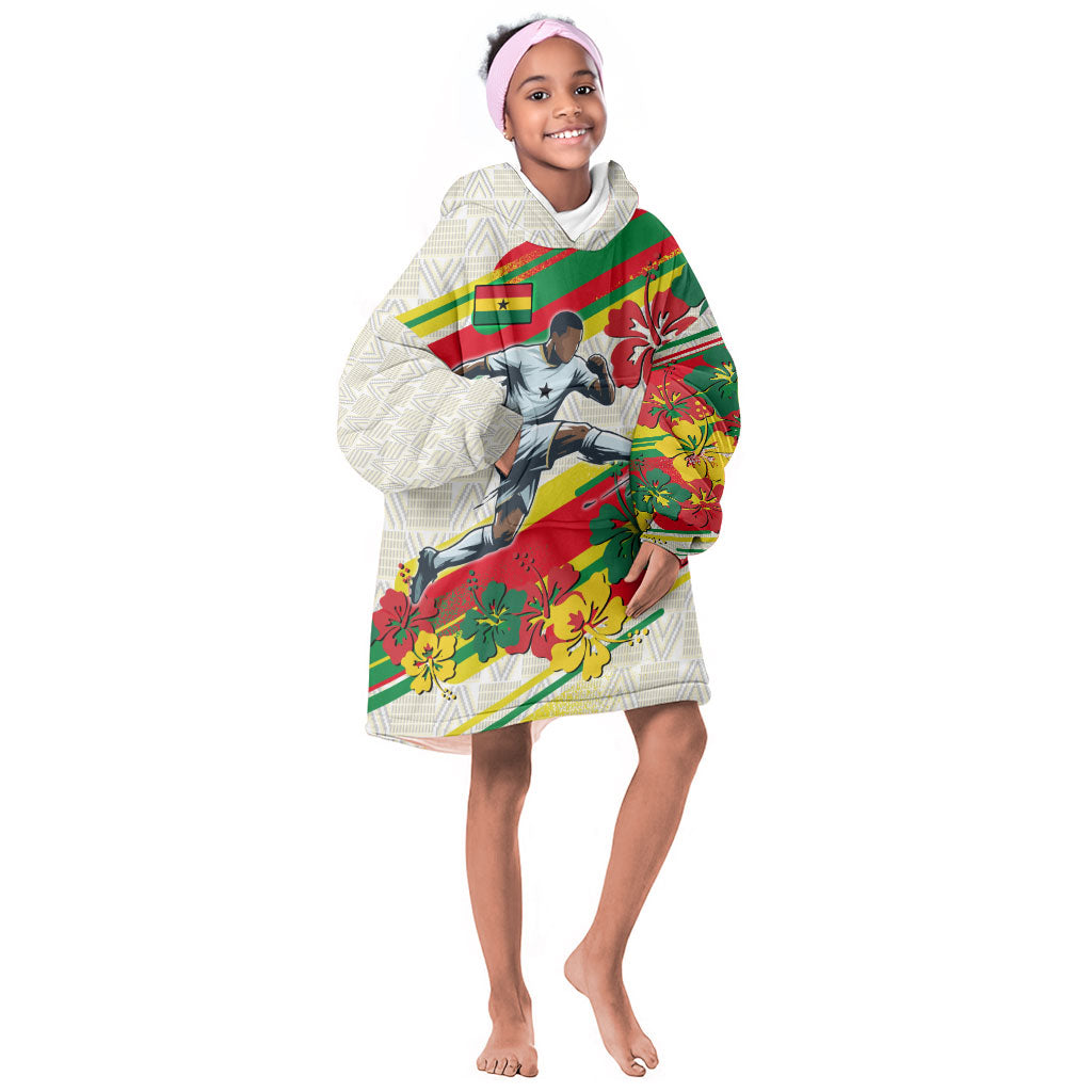 Personalized Ghana Football Kid Wearable Blanket Hoodie Soccer Player Kick - Floral Hibiscus