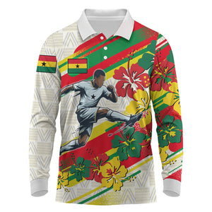 Personalized Ghana Football Long Sleeve Polo Shirt Soccer Player Kick - Floral Hibiscus