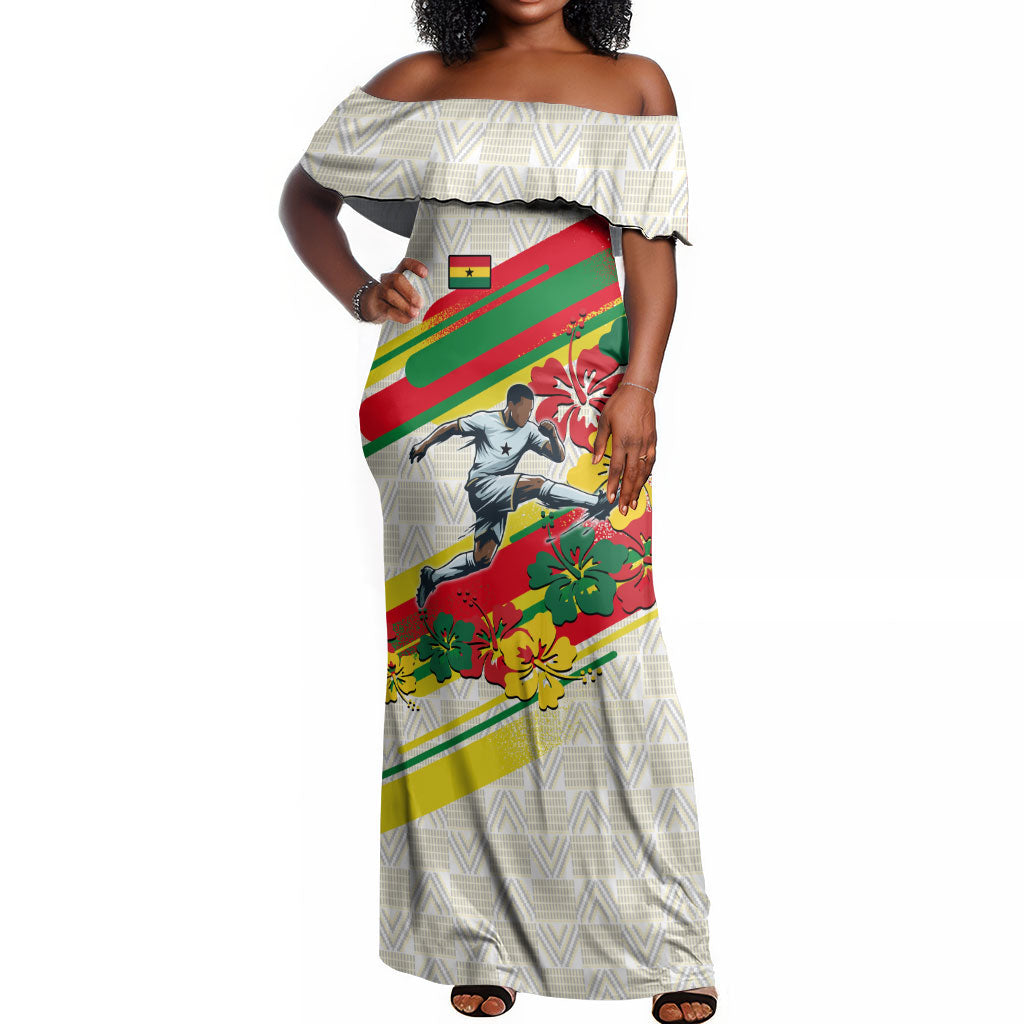 Personalized Ghana Football Off Shoulder Maxi Dress Soccer Player Kick - Floral Hibiscus