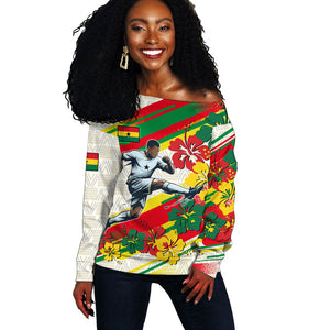 Personalized Ghana Football Off Shoulder Sweater Soccer Player Kick - Floral Hibiscus